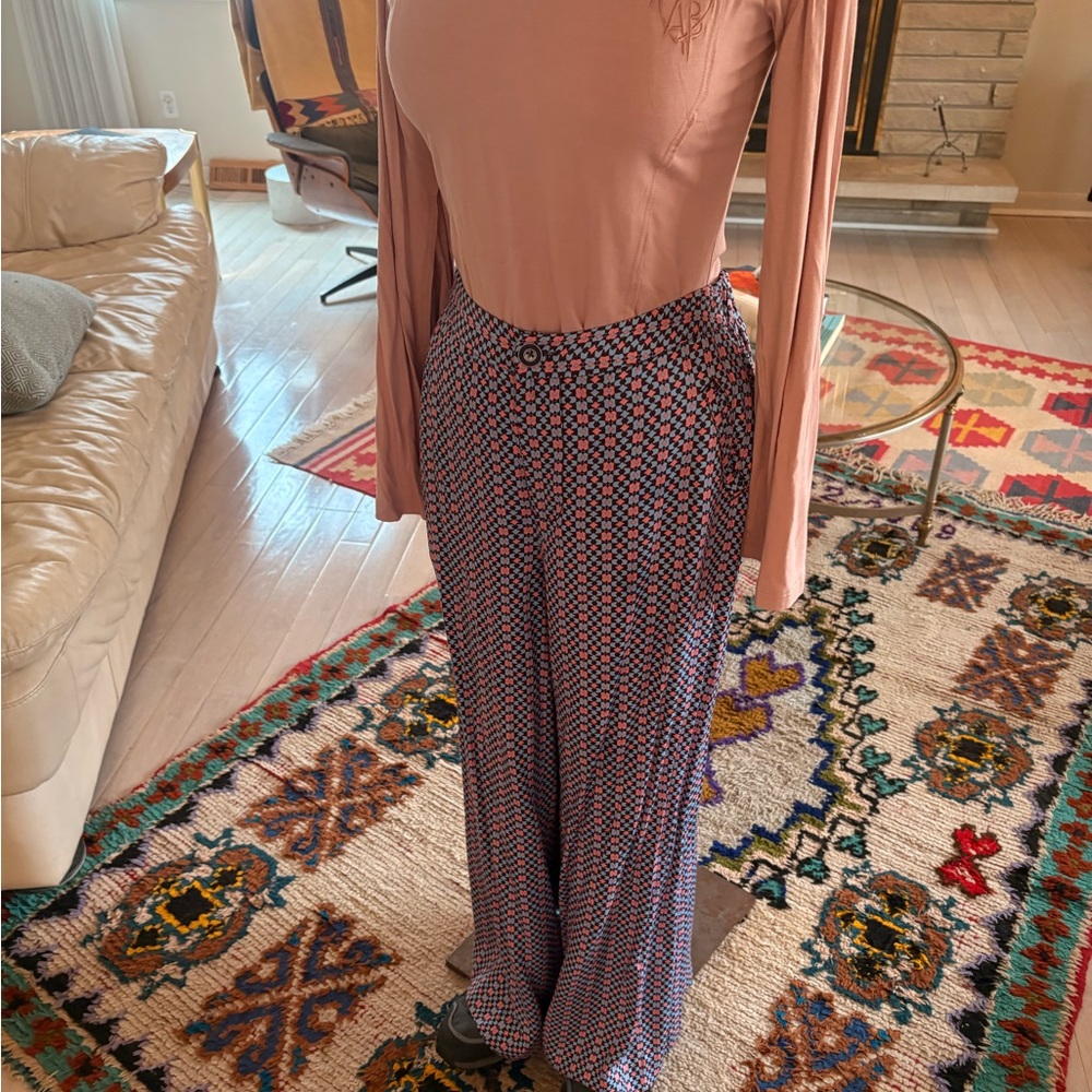 Anthropologie Blue and Pink Patterned Wide Leg Pants